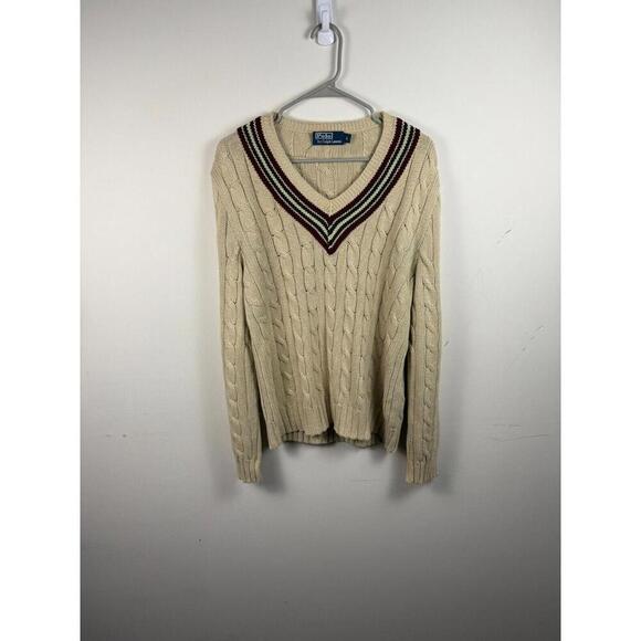 Vintage Polo Ralph Lauren Linen Blend Cable Knit Tennis Cricket Preppy Sweater - Picture 1 of 6